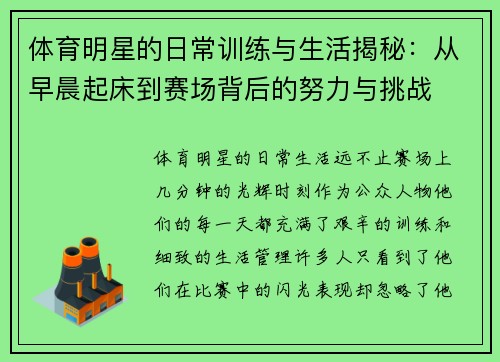 体育明星的日常训练与生活揭秘：从早晨起床到赛场背后的努力与挑战