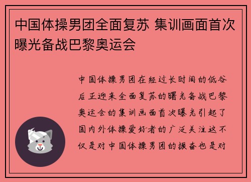 中国体操男团全面复苏 集训画面首次曝光备战巴黎奥运会