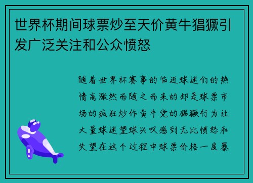 世界杯期间球票炒至天价黄牛猖獗引发广泛关注和公众愤怒